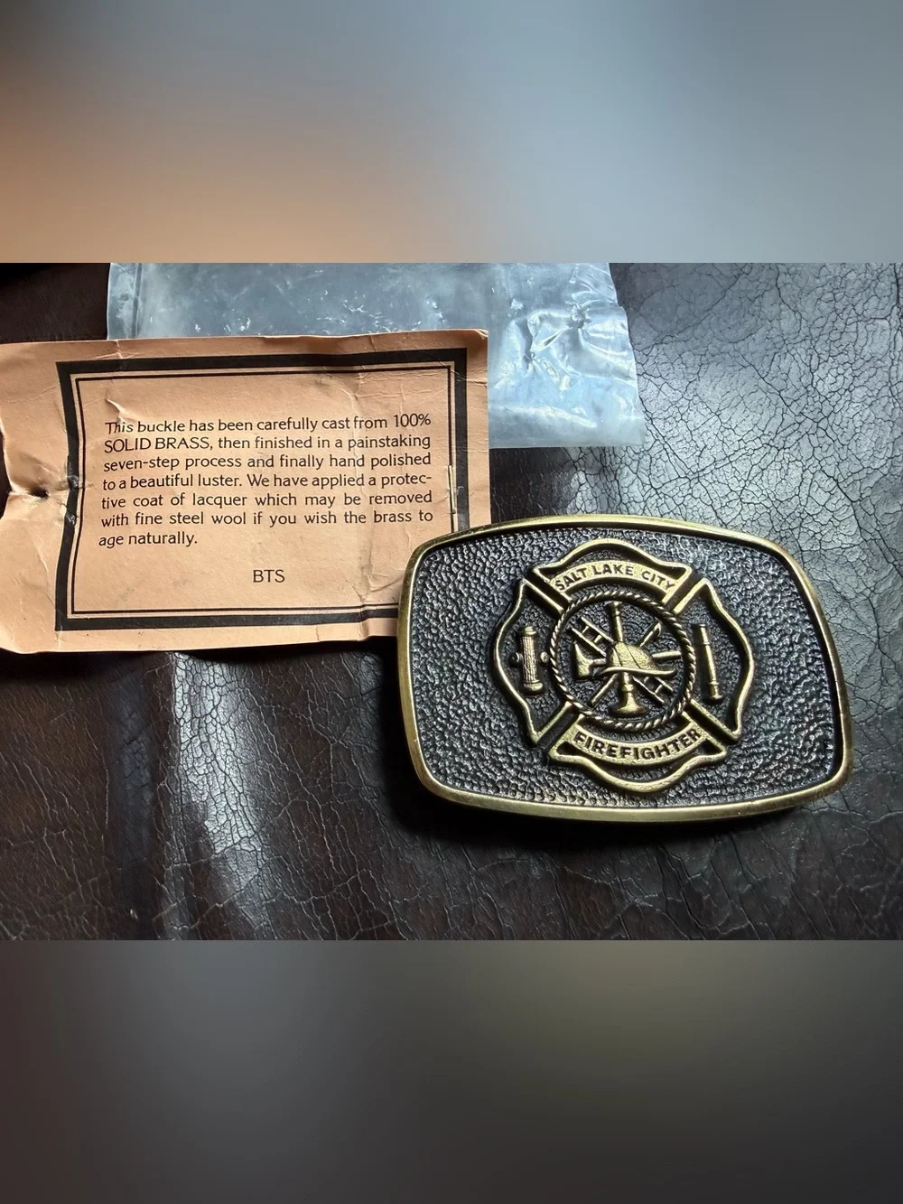 Rare Solid brass Salt Lake City firefighter belt buckle 3.5 L X 2.5 T